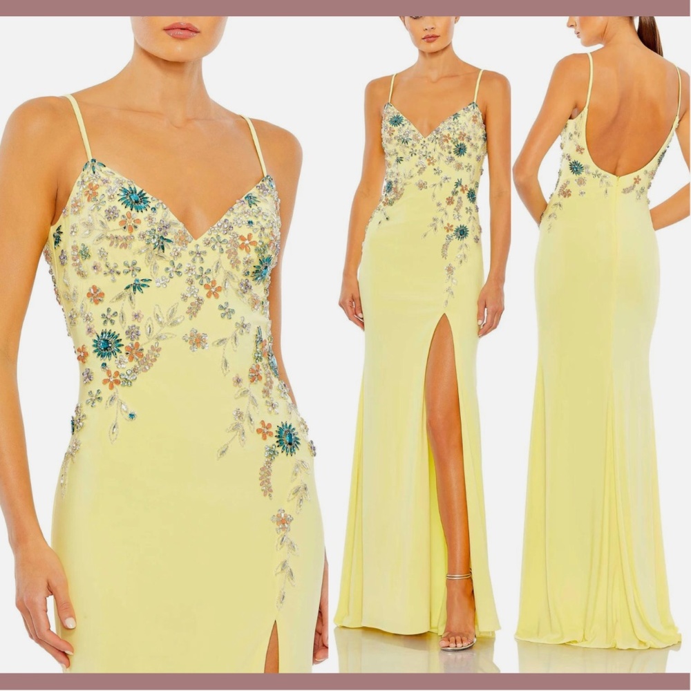 NWT Mac Duggal [ 4 ] Multi Color Beaded‎ Floral Cami Slit Gown Yellow